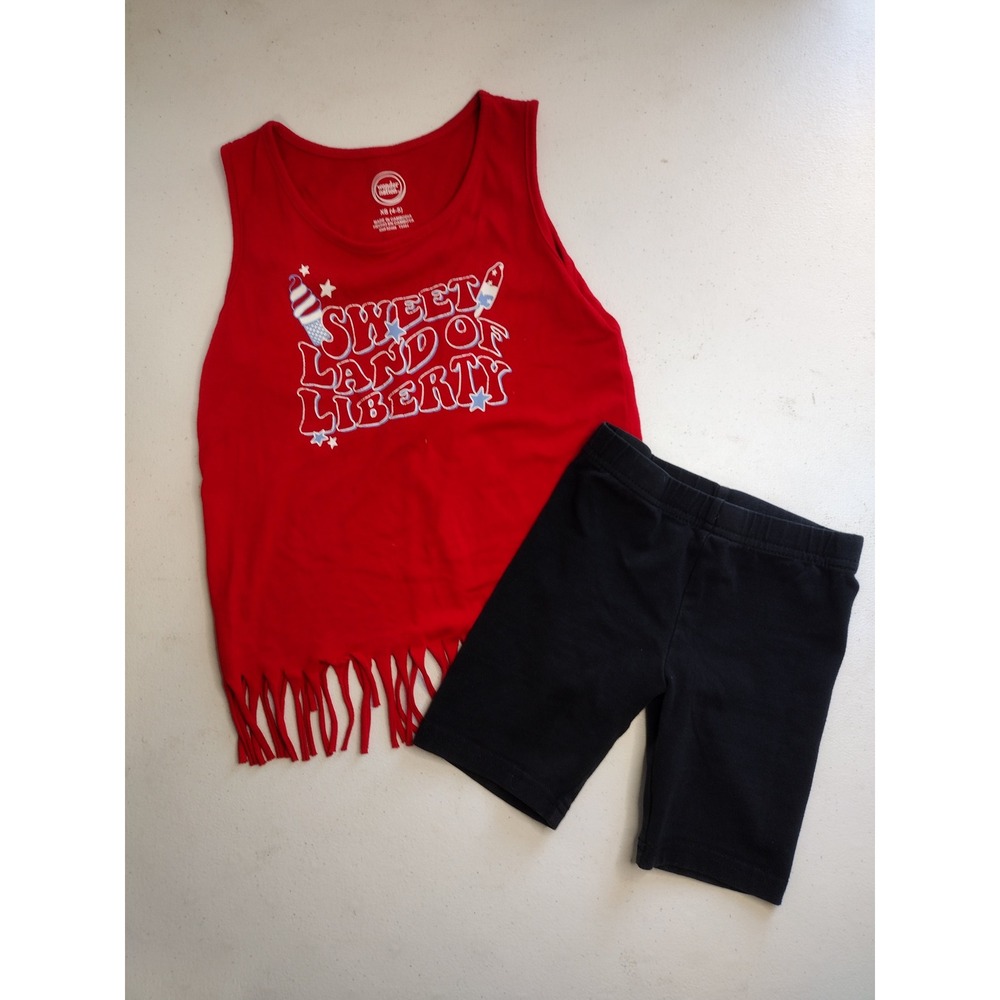 Wonder Nation Girls‎ Red Fringe Tank Black Shorts Set Sweet Land of Liberty XS